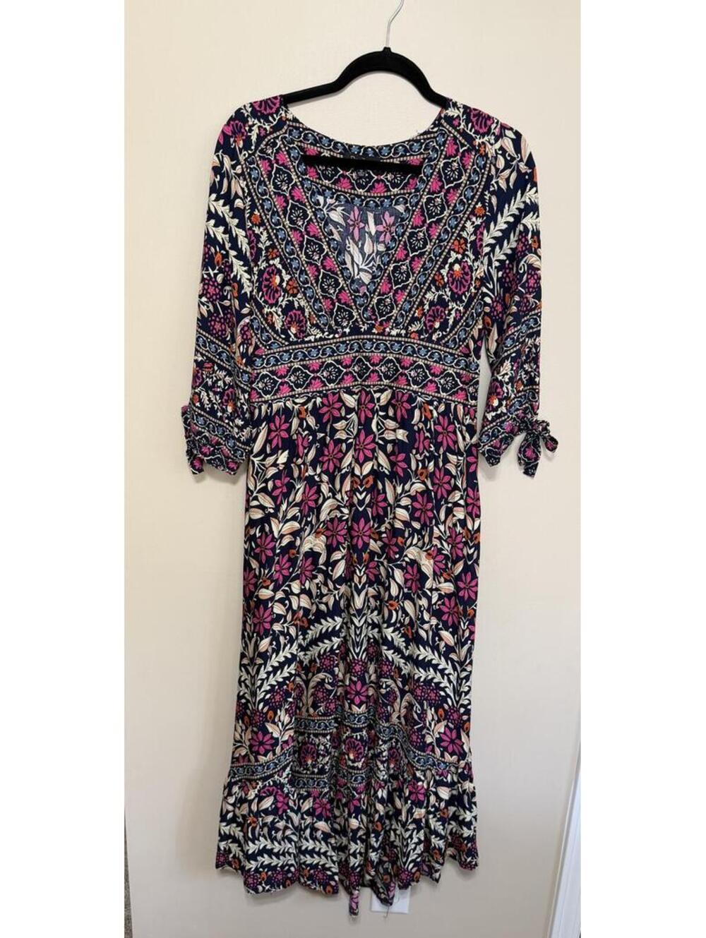 Papillon Boho Floral Maxi Dress Navy Pink Tie Sleeve V Neck Size M